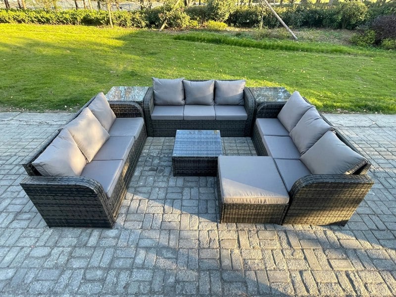 Fimous Rattan Outdoor Furniture Set Patio Garden Sofa Set with Square Coffee Table Big Footstool 2 Side Tables Dark Grey Mixed