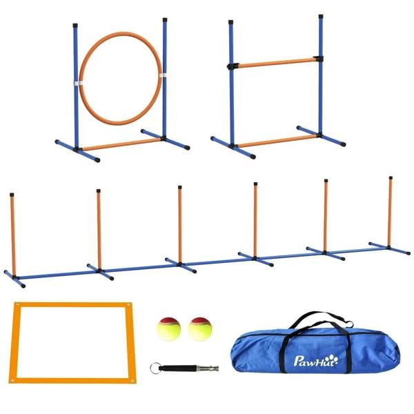Orange and blue jumping ring dog agility training obstacle with two side uprights