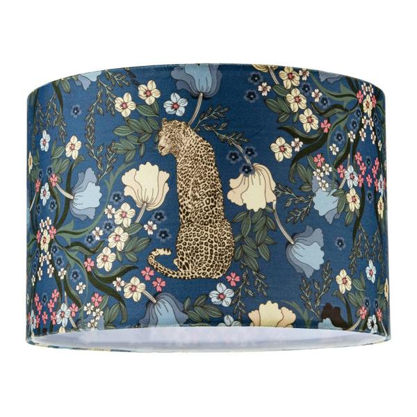 Rich Midnight Blue Lampshade with Leopard and Botanical Foliage Design Image 1