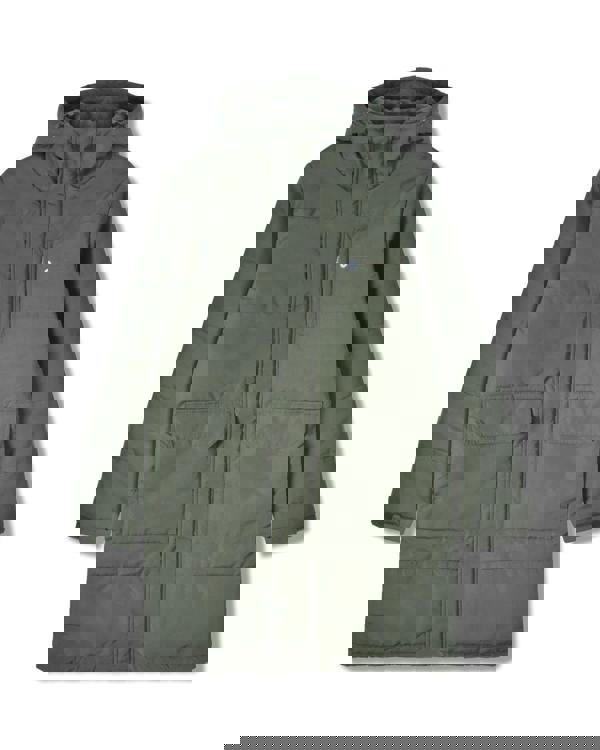 Lambretta Mens Padded Hooded Classic Badge Parka, front view of an olive green winter coat with hood, full-length zipper, large front pockets, and Lambretta badge on the chest.