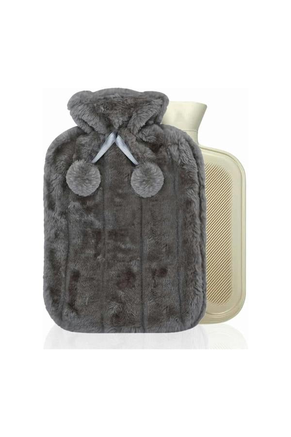 Dyzi 2L Hot Water Bottle with Soft Faux Fur Cover Charcoal Grey