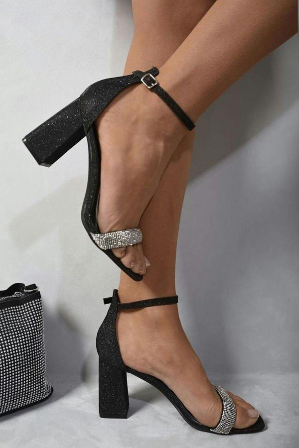 Vivian Rhinestone Ankle Strap Block High Heels - Black