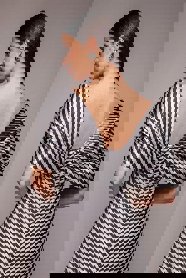 Stripe Off Shoulder Bow Back Satin Bow Mini Dress - Black White DR5053