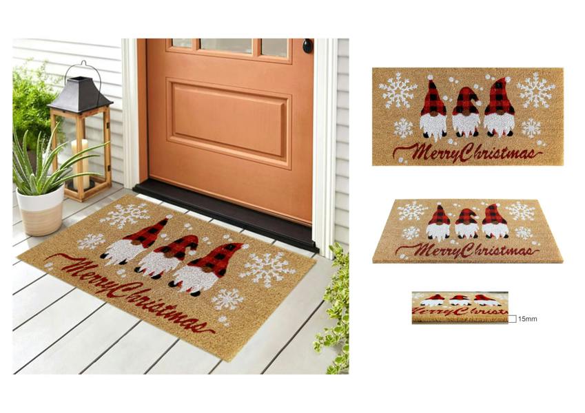 A.Unique Home 15mm Coir Doormat Non-Slip PVC Back - Gnome Xmas 40x80cm
