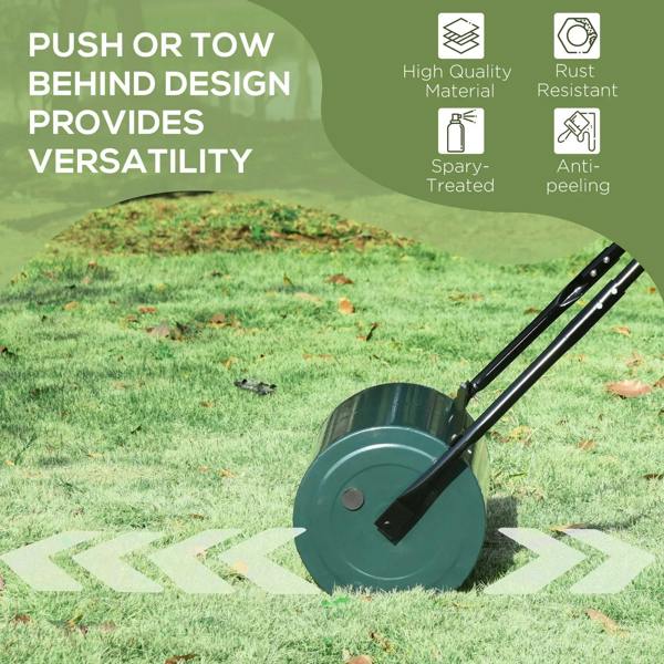 Dark green lawn roller for compacting grass, with black handle frame