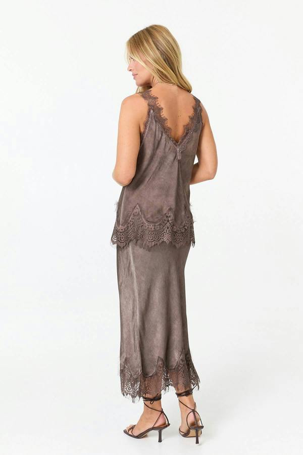 Brown | Lace Trim Sleeveless Cami Vest Top