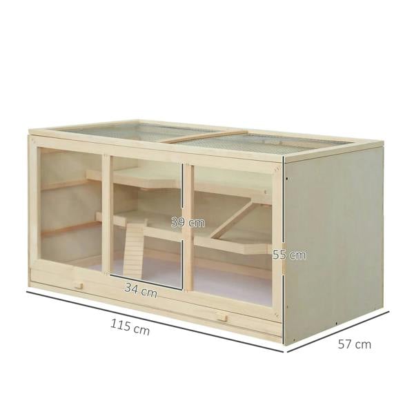 Small animal wooden hutch with open front, multi-story levels, and labeled dimensions