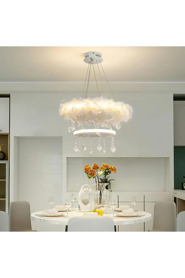 Living and Home Double-Layer Feather LED Chandelier Pendant Light with Crystals