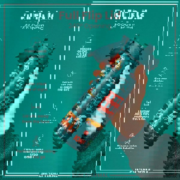 A teal water bottle, featuring a full flip lid and a vehicle print, is being held; the bottle’s lid folds back 240°, offering a clear line of sight and sits away from the face, ideal for on-the-go use. The bottle is labeled “ION8” and “SLIM THERMAL”.