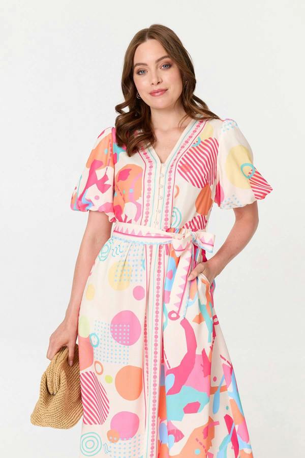 Pink | Abstract Short Puff Sleeve Midi Dress