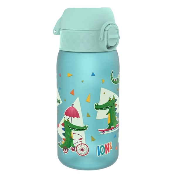 A light-blue water bottle, featuring cartoon crocodiles on bicycles and skateboards, sits on a white background. The bottle is capped and says "ION8".