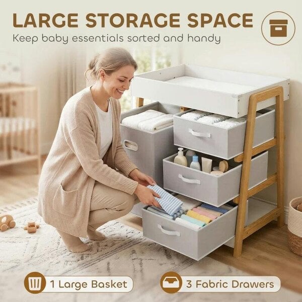 Bobobiy Baby Changing Table, Baby Changing Unit with 3 Drawers, Large Basket and Waterproof Pad for Bedroom Nursery, White