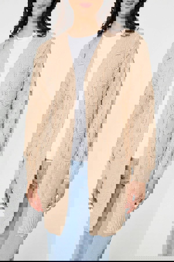 Beige | Longline Cable Knit Texture Cardigan
