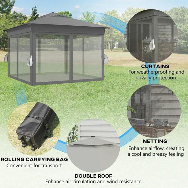 Grey gazebo with double roof, rolling carrying bag, curtains, and netting for privacy