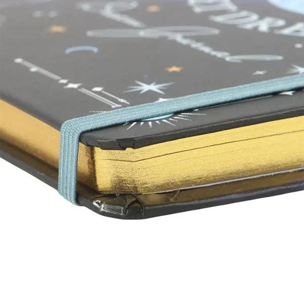 A5 dream journal stitched binding edge with light-blue trim and gold-toned page edge