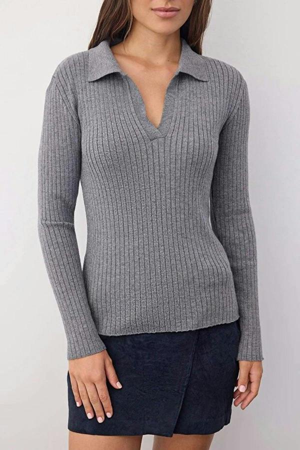 WOVCOR Polo Collar Ribbed Knit Sweater