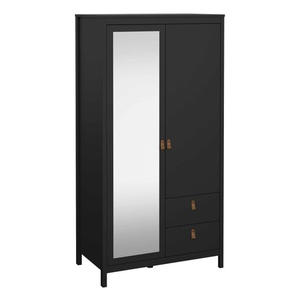 Wyld Haus Wildberry Matt Black Wooden Mirror Wardrobe  2 Doors 2 Drawers Leather Handles