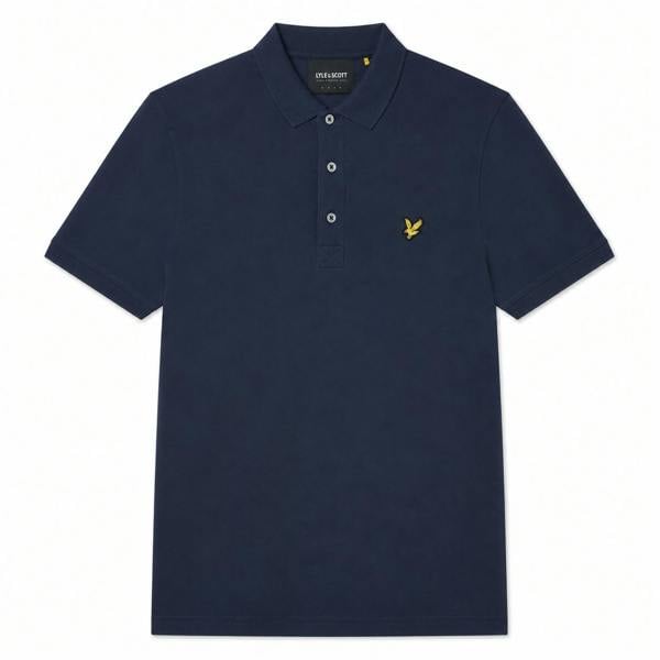 Lyle & Scott dark navy cotton polo shirt with a classic collar, three-button placket, and signature golden eagle logo.