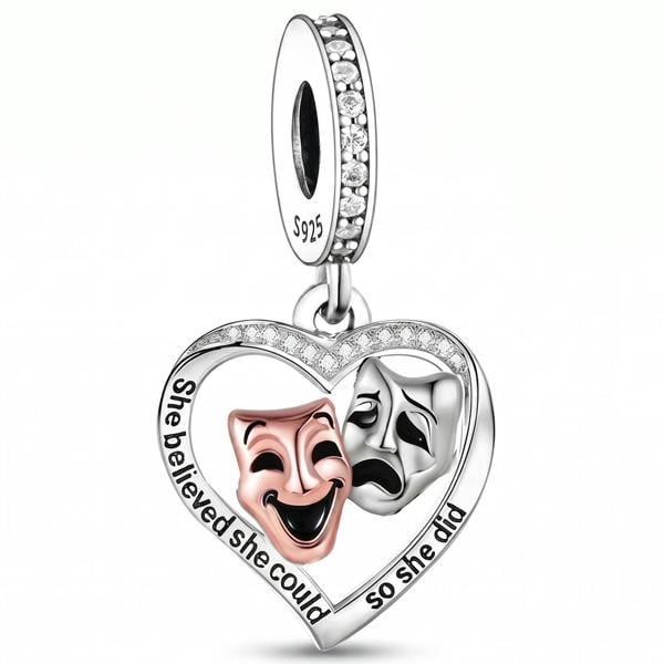 Theatre Mask Charm Pandora Compatible 925 Sterling Silver Heart, Comedy & Tragedy Bracelet Dangle