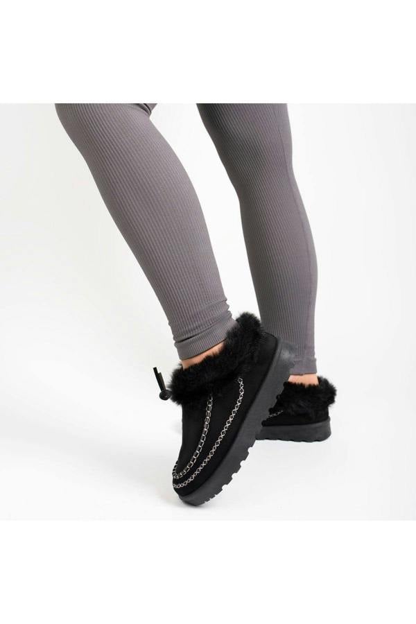 Kessia Faux Suede Fluffy Lined Ankle Boots With Stitch Detail - Black