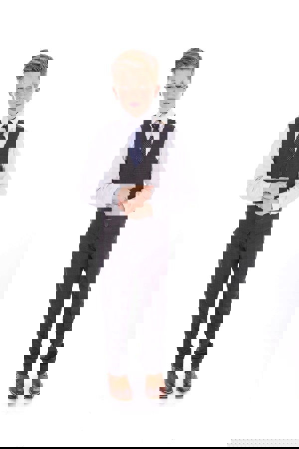 young boy wearing grey suit showing waistcoat