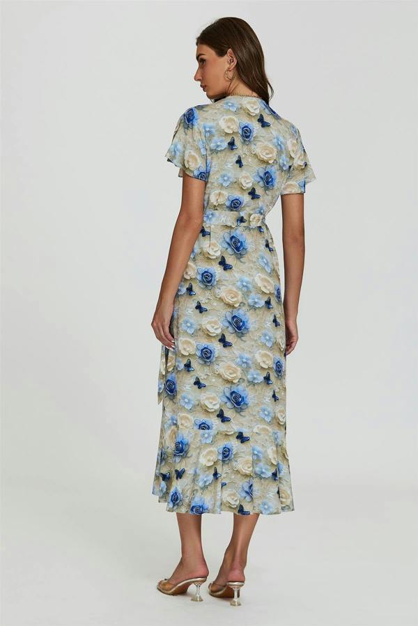 FS Collection Floral Print Wrap Hem Midi Dress In Beige