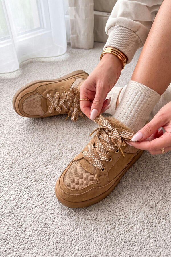 Love Lemonade Hudson Comfort Faux Suede Check Lace Faux Fur Lined Trainers Camel