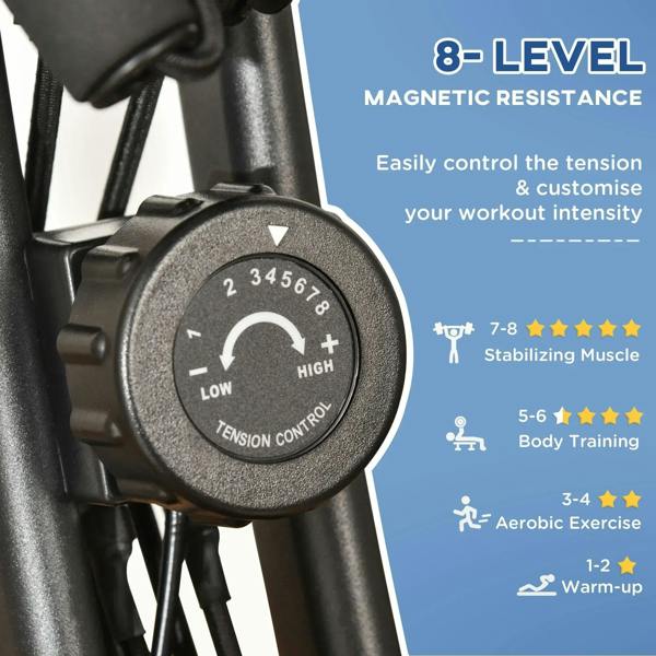 8-level magnetic resistance tension control knob on black exercise bike