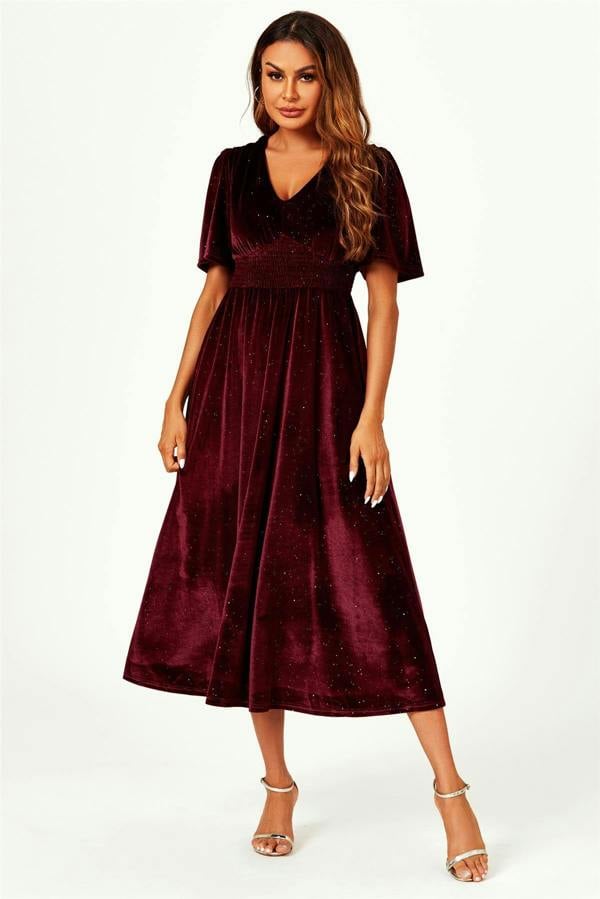 FS Collection V Neck Velvet Midi Dress In Wine
