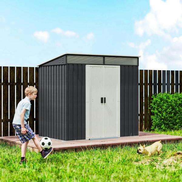 Grey metal tool shed with double sliding doors and vent panel on raised base