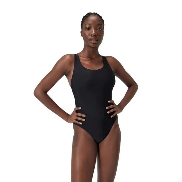 Speedo solid highneck scoop swimsuit in black with racerback