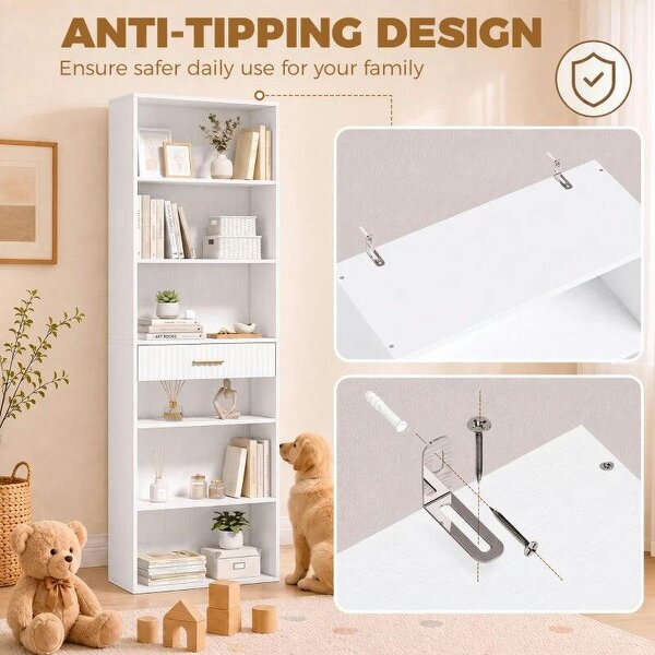 Bookcase Narrow Tall Space-Saving Bookshelf Drawer Open Shelves 60 x 24 x 182 cm White