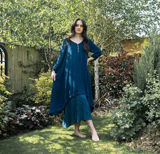 Antonia York Teal Blue Layered Dress | Chelsea Loose Fitting Dress with Front Button Detail