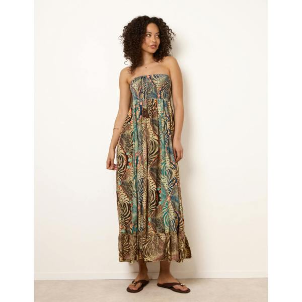 Blue Vanilla Bold Print Bandeau Shirred Maxi Dress
