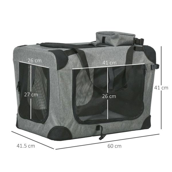 Grey fabric folding pet carrier with front and side mesh doors, top flap and carry handle