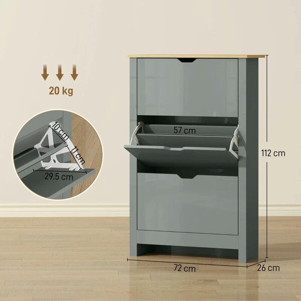 Slim Shoe Cabinet, Narrow Shoe Cupboard with 3 Flip Drawers, Adjustable Shelves for 18 Pairs of Shoes, Light Grey