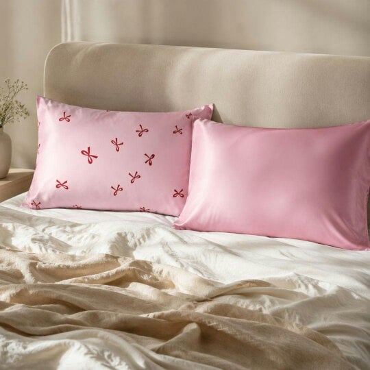 Soft Satin Pillowcase Set, Red Bows