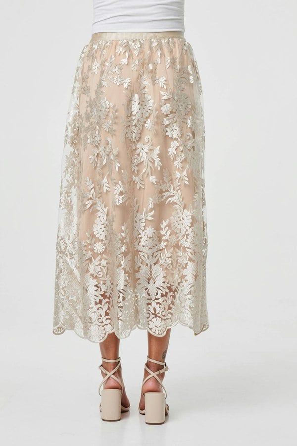 Cream | Floral Embellished High Waist Midi Skirt
