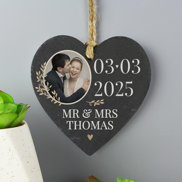 Personalised Memento Company Personalised Wedding Photo Upload Slate Heart Decoration