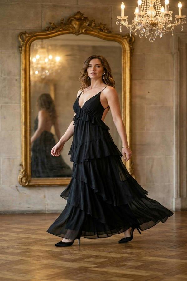 Gracie V-neck Tiered Ruffle Backless Maxi Dress - Black