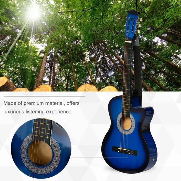 Blue glossy acoustic electric classical guitar with tuning pegs and black bridge plate.