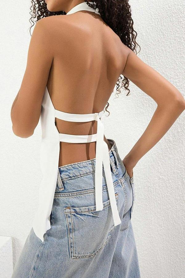 WOVCOR Backless Halter Neck Woven Blouse