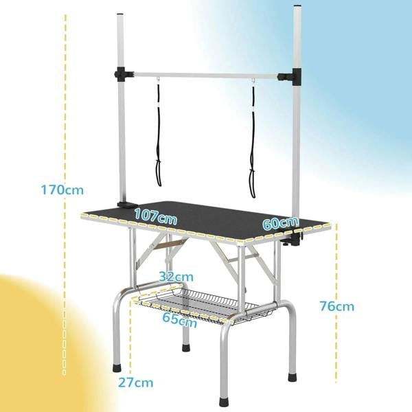 Adjustable grooming table with black rubber top and hanging loops; size diagram