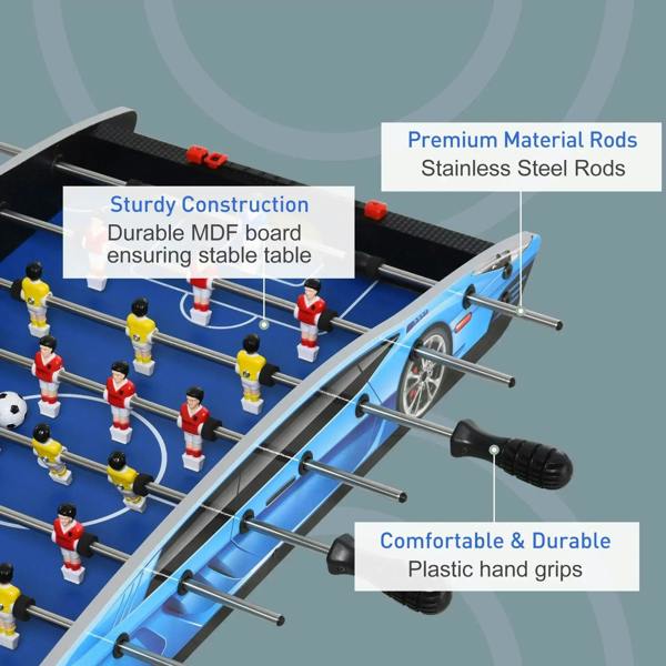 Foosball tabletop with stainless steel rods, durable MDF board, and black hand grips