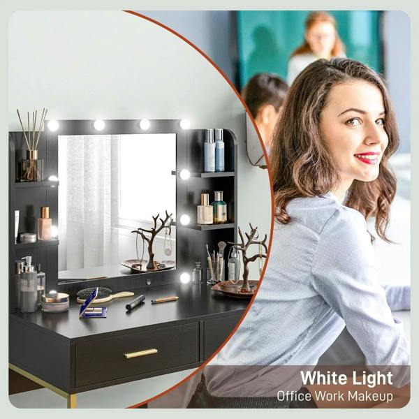 Black dressing table with illuminated mirror, side shelves, and two drawer storage