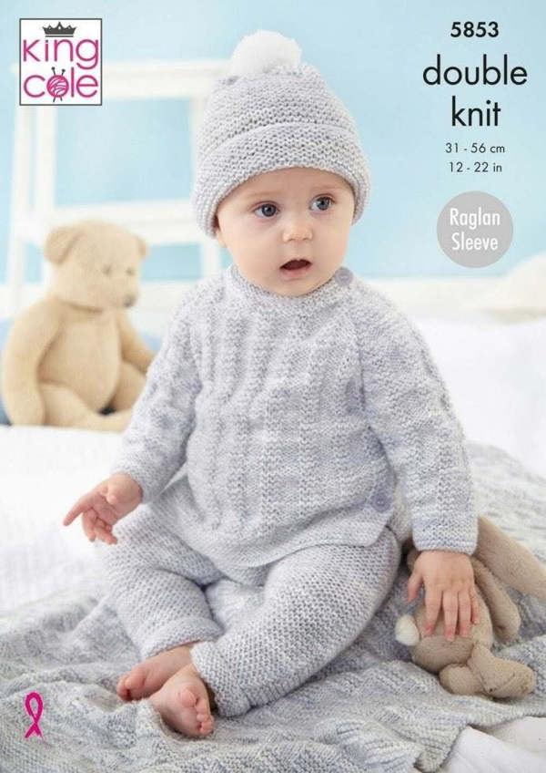 King Cole Little Treasures DK Knitting Pattern 5853, Jackets, Sweaters, Leggings, Headwear, Blankets for Baby, 12 - 22 Inches