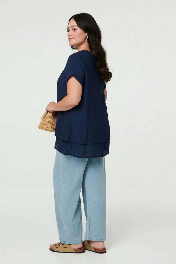 Navy | Curve Layered Short Sleeve Tunic Top
