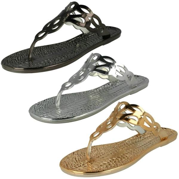 Spot On Ladies Spot On Flat Toepost Crocodile Pattern Sandal