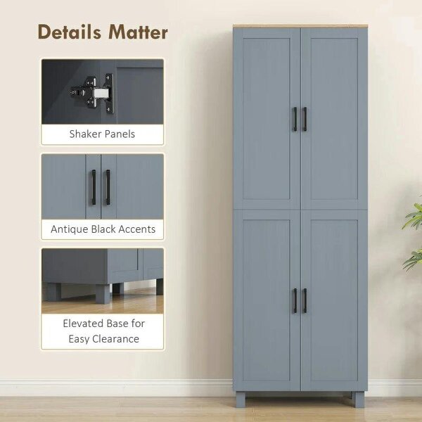 Freestanding Kitchen Cupboard, 4-Door Storage Cabinet with Adjustable Shelves, Modern Kitchen Pantry, 170cm, Grey