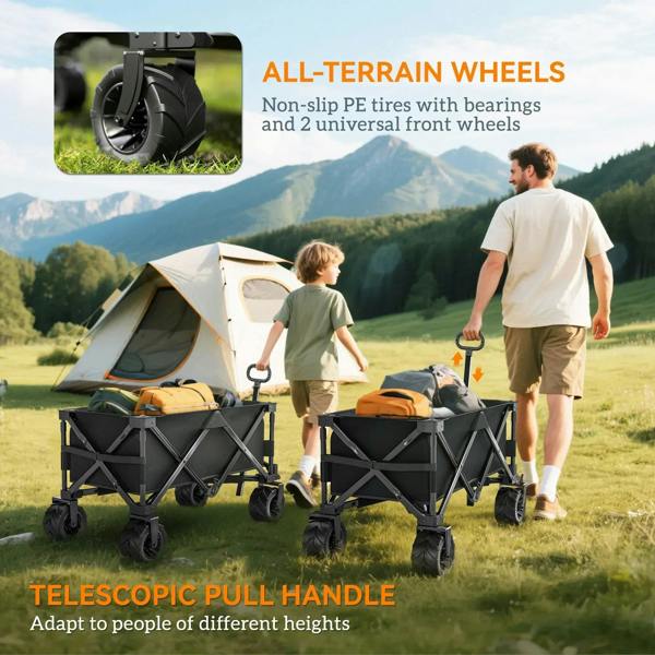 Black folding cargo wagon cart with non-slip all-terrain wheels and front caster wheels